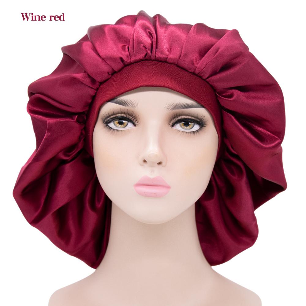 Doppel Schichten Frauen Satin Bonnet Stretch Breite-Krempe Seidige Schlummertrunk Größere Größe Dusche Kappe TB-189/190: Solid Wine Red