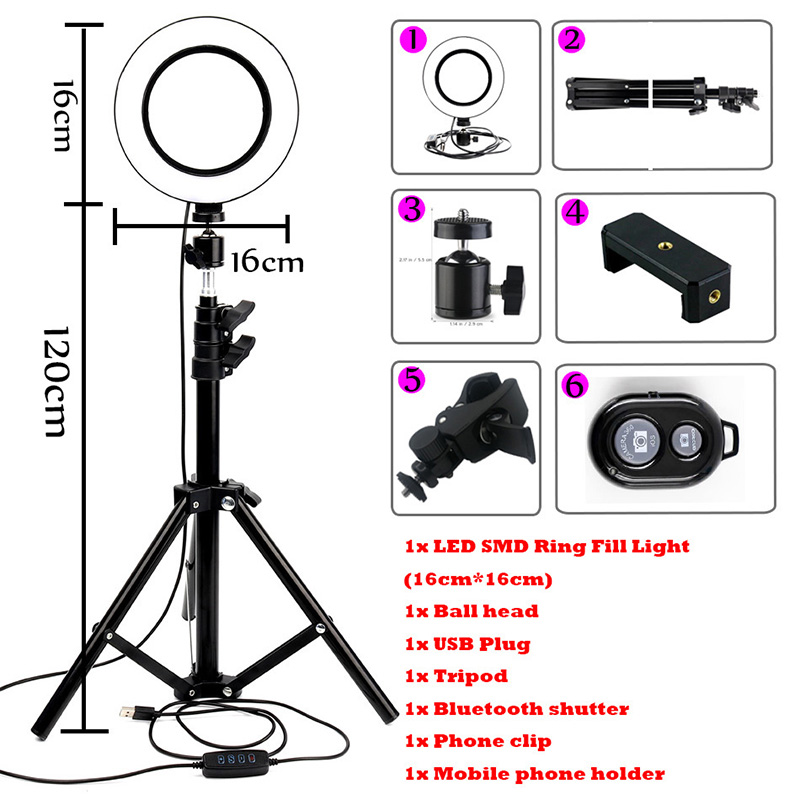 Dimmable LED Ring Light Selfie Ring Lamp Photographic Lighting with Tripod Moblie Phone Clamp Beauty fill light: Black
