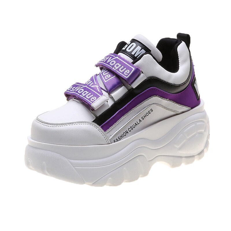 Women's Platform Sneakers - 7cm Heel Height - PU Leather - Lace-Up - Height Increasing Sport Shoes: Purple / 6