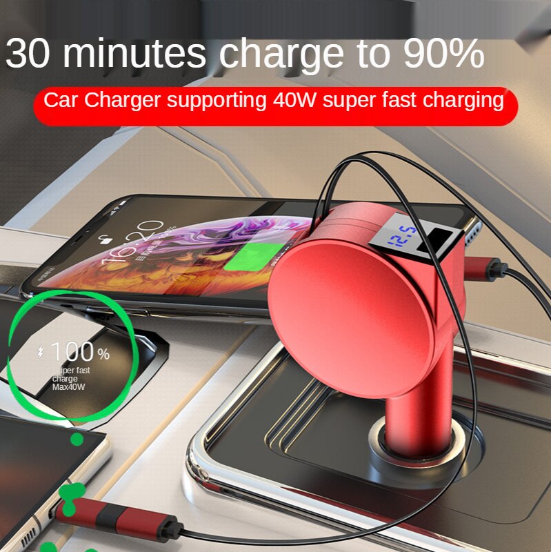 Vogek 60W Car Charger Qc3.0 Fast Charging Station Dual Telescopic Charging Cables Universal Usb Power Adapter For Iphone 13