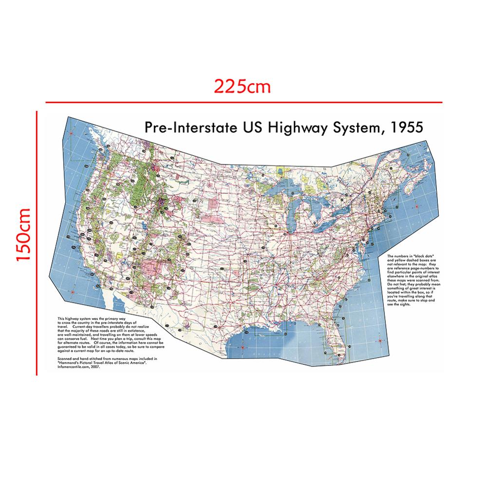150x225cm Pre-Interstate American Highway System The United States Map School Office Wall Decor Painting Poster