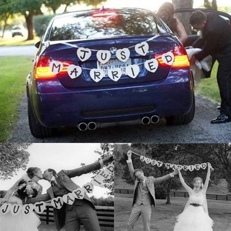 Bunting Garland Handmade Decorative Wedding Sign Cards JUST MARRIED Wedding Banner Party Decoration