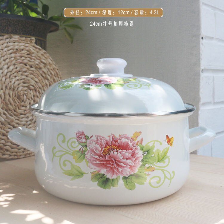 Enamel Soup Pot Flat Cooker 2-5L Thick Pot with Lid Cooking Pot Cookware Induction Pot Pot of Soup Kitchen Pots and Pans: 24cm 4.3L