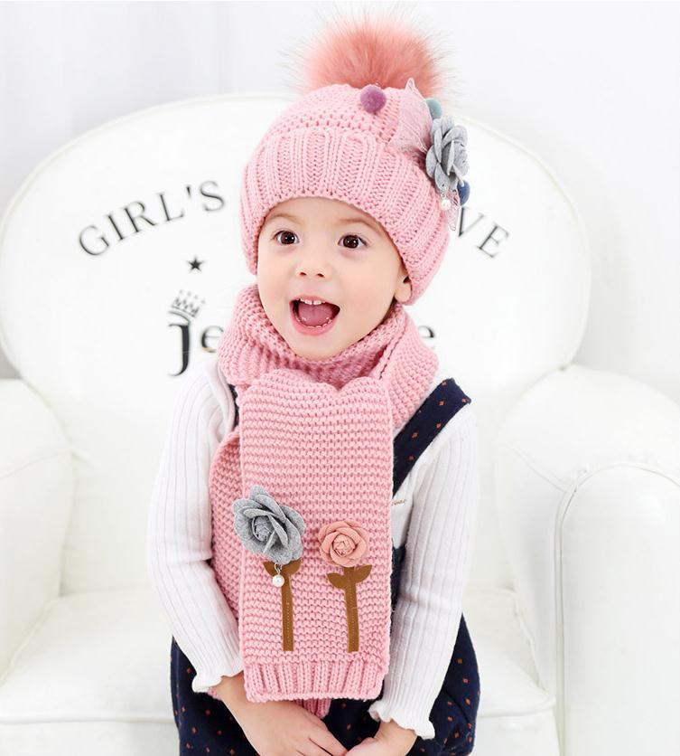 Doitbest flower children's winter hat beanies sets velvet wool kids boys Knit fur hats winter 2 pcs baby girl scarf set: pink