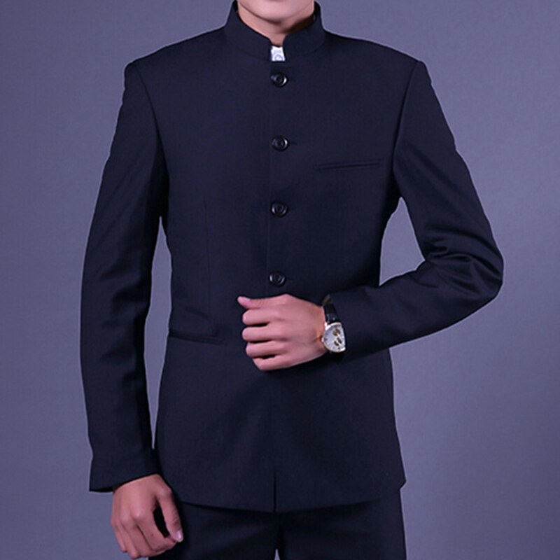 Mandarin Collar Men Navy Blue Suit Jacket Traditio... – Grandado