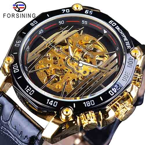 Forsining Grote Wijzerplaat Steampunk Luxe Golden Gear Beweging Mannen Creatieve Opengewerkte Horloges Automatische Mechanische Horloges: GMT1074-2