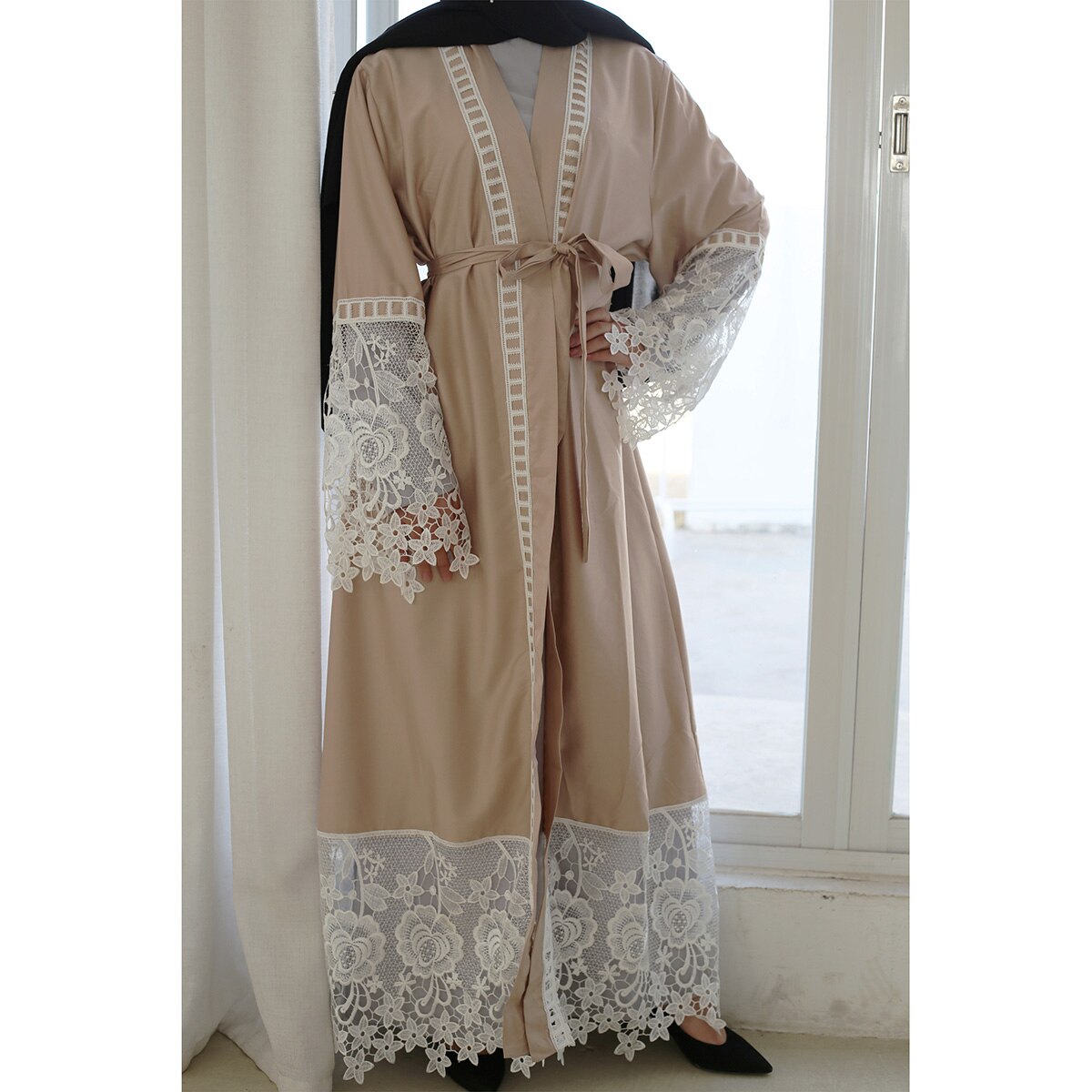 Kimono musulmán para mujer, cárdigan largo de encaje, ropa islámica, caftán árabe de Oriente Medio, Ramadán, Dubái, Abaya, novedad de: XXL