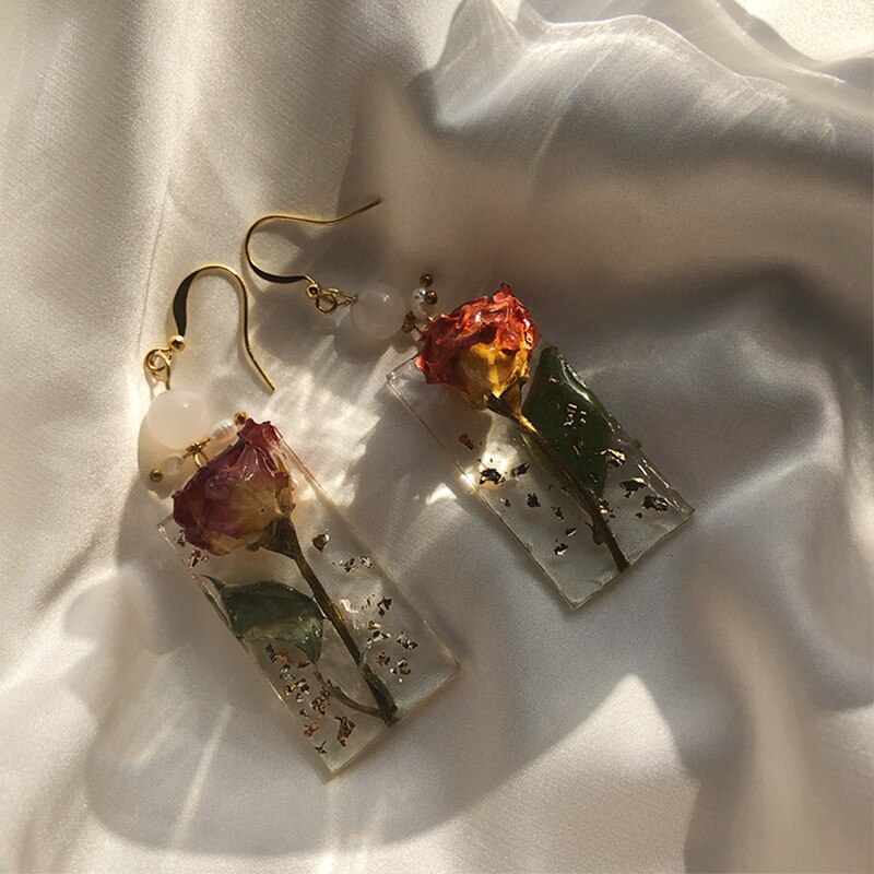 AOMU, pendientes de rosas naturales barrocas dulces, pendientes largos de perlas de hoja de oro Vintage, pendientes de flor eterna epoxi para de chica y mujer