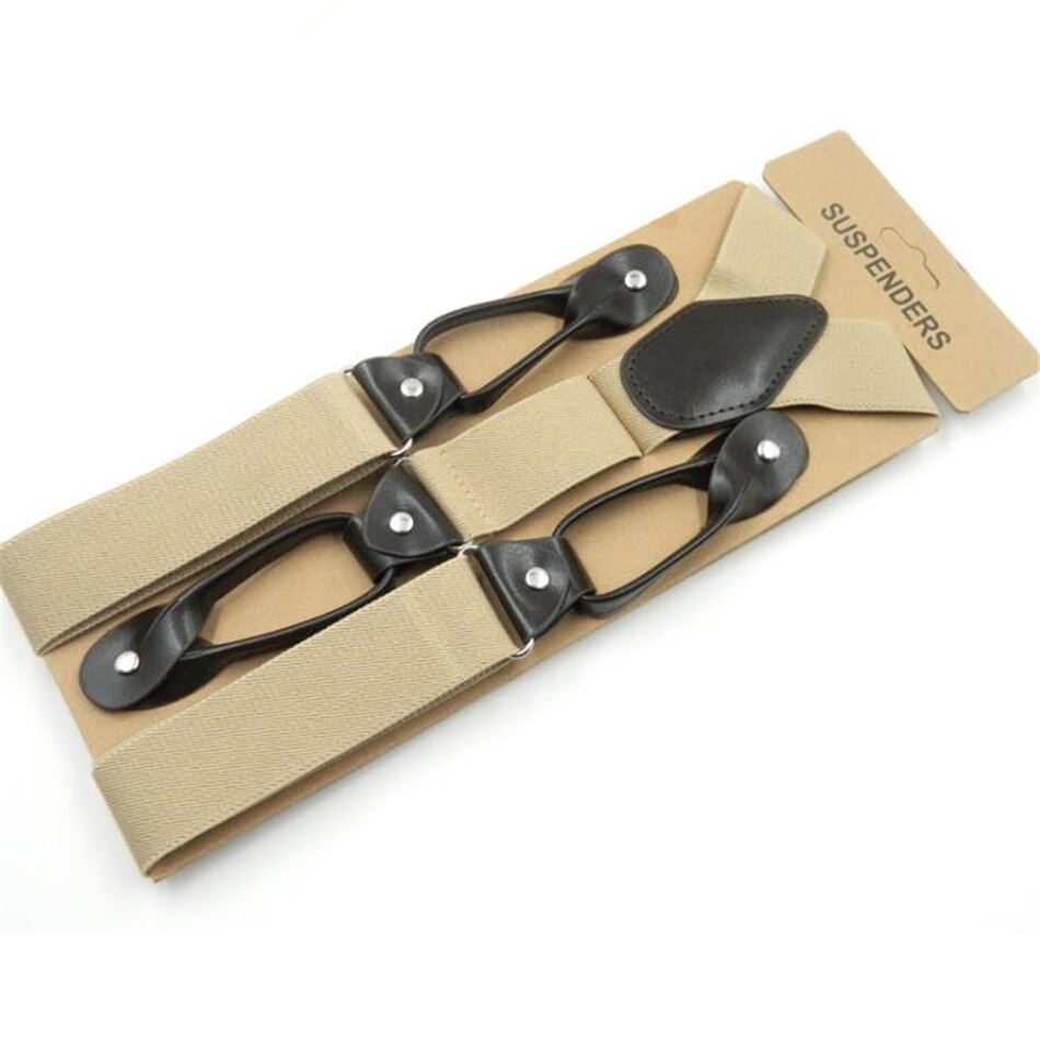 Button Khaki Suspenders Wide Men&#39;S Braces Leather Vintage Pants Strap Belt For Trouser Solid Navy Gray Burgundy Brown 120*3.5cm: beige