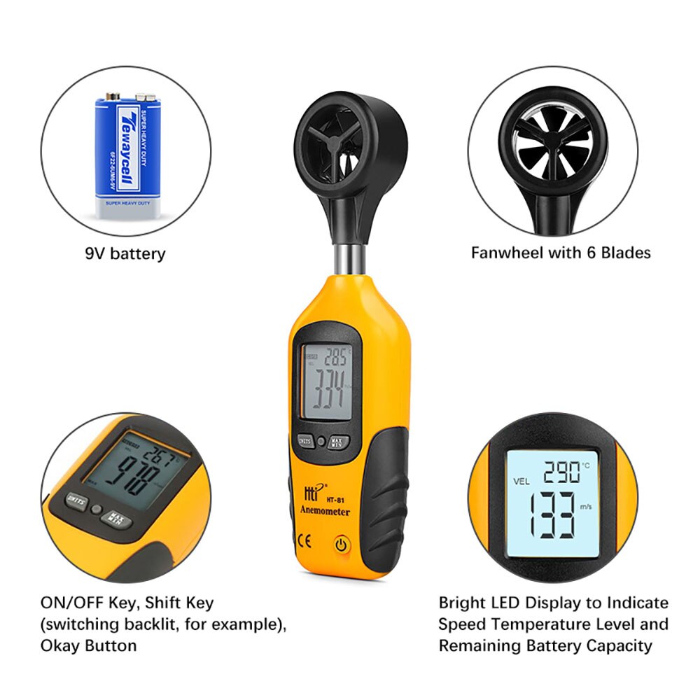 Anemómetro de velocidad del viento Hti, medidor Digital de velocidad del viento portátil, Sensor anemómetro, Ht-81 de velocidad del viento de 0-30 M/S,