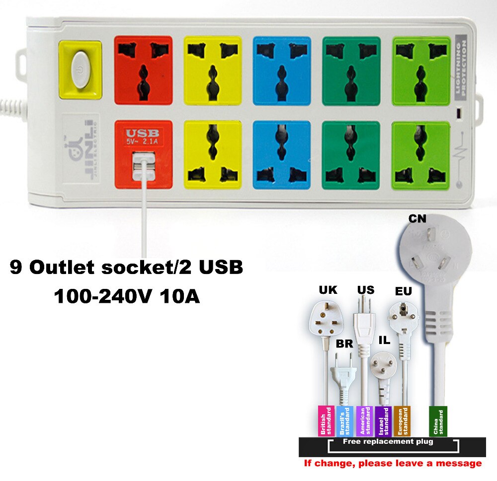 AU EU UNS 100 ~ 240 v 10A Anstieg Geschützt 9 Auslauf & 2 USB elektrische schalter und steckdose