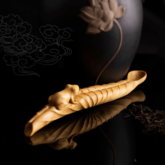 Cuchara de té Zen chino, pala de té, cuchara de té de Ceremonia de té de Kung Fu, mango de colección, estatua de madera, tallado de boj, decoración del hogar: A