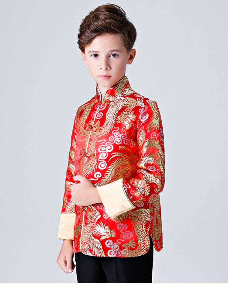 Children's Tang Red Satin Cheongsam Top Chinese Dress Boy Qipao Top Year'S Clothing Host Performance Costume Winter