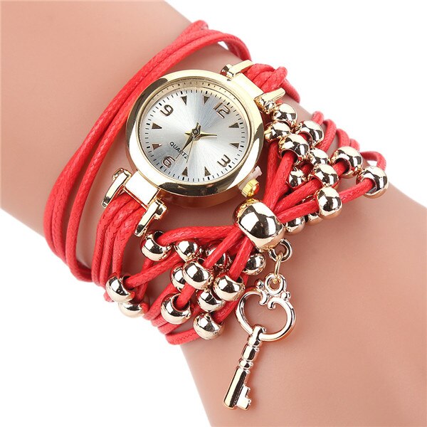 Damearmbåndsur damearmbåndsure lædercirkelbånd guldskive kvarts armbåndsure reloj mujer: Rød