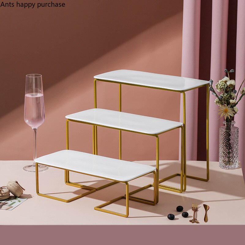 Golden Wrought Iron Cake Stand White Ceramic Plate Cake Pan Snacks Dessert Plate Display Stand Banquet Desktop Decorative Frame