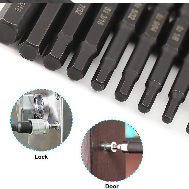 10Pcs Imperial Inner Hex S2 Alloy Steel Electric Screwdriver Bit 50mm Strong Magnetic Socket Screwdriver Set