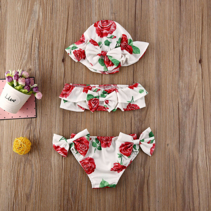 Canis 3 Pcs Baby Meisjes Boog Leuke Bloem Gedrukt Bikini Set + Hoed Badpak Bloemen Badmode Mooie Mode Strand Outfits