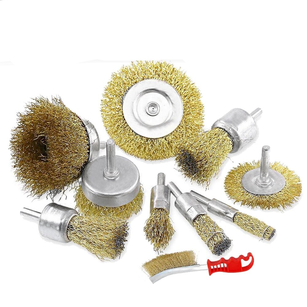 10 Pcs Wire Brush Set, Brass Coated Wire Brushes for Drill Paint Stripper Rust Remover Wire Wheel and Cup Brush Set