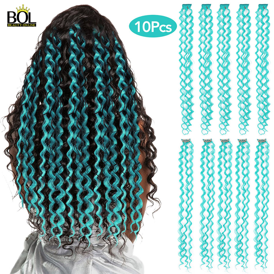 Bol Synthetisch Haar Extensions Gekleurde Haarlokken Diepe Golf Clip-Op Haar Vrouwelijke Regenboog Haar 24Inch1 0 Stuks/set Warmte slip: KC-Teal Blue