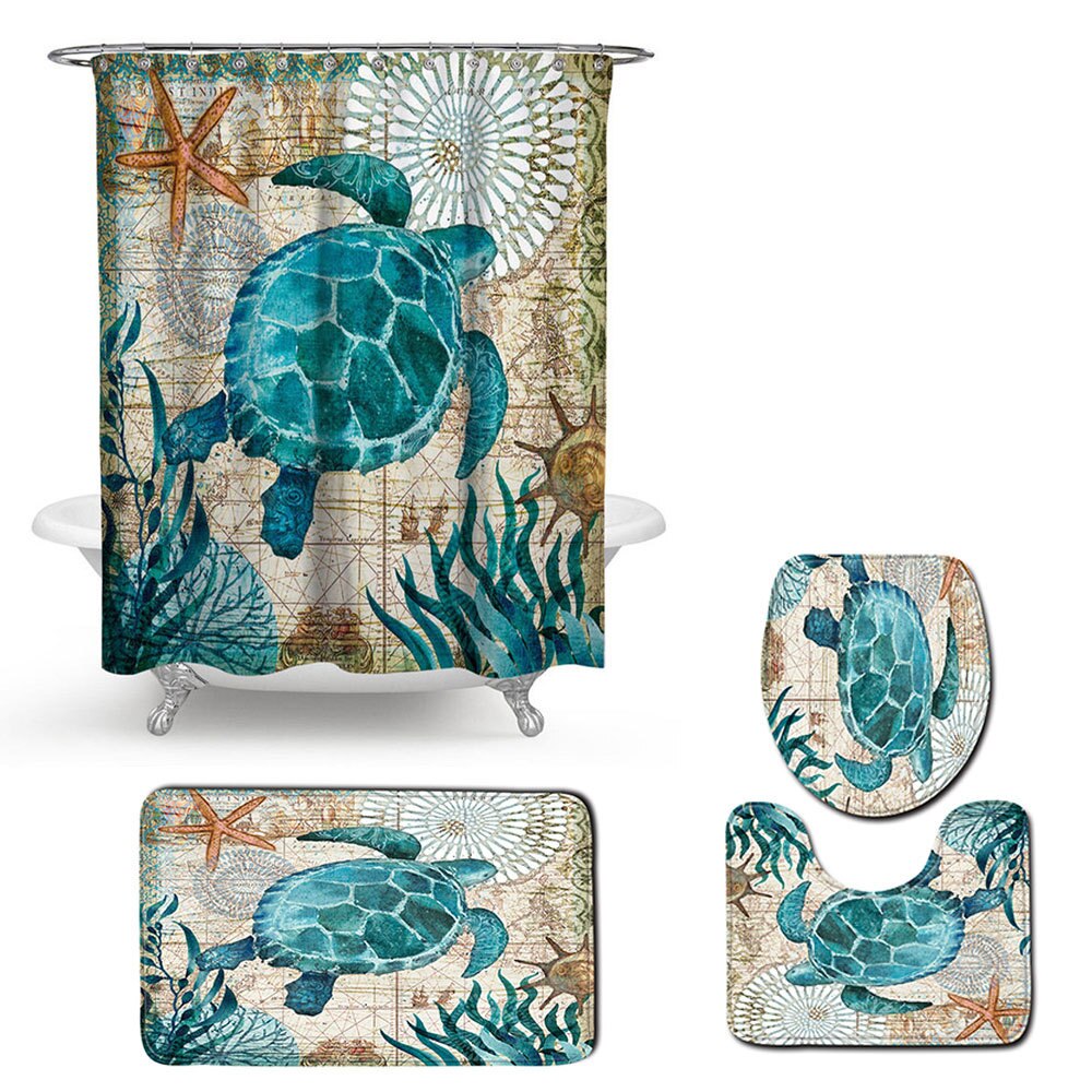 Printing Animal Bath Mat and Shower Curtain Set Absorbent Toilet Mat Bathroom Carpet Non-slip Foot Mat Microfiber Bath Mat: 4pcs-3