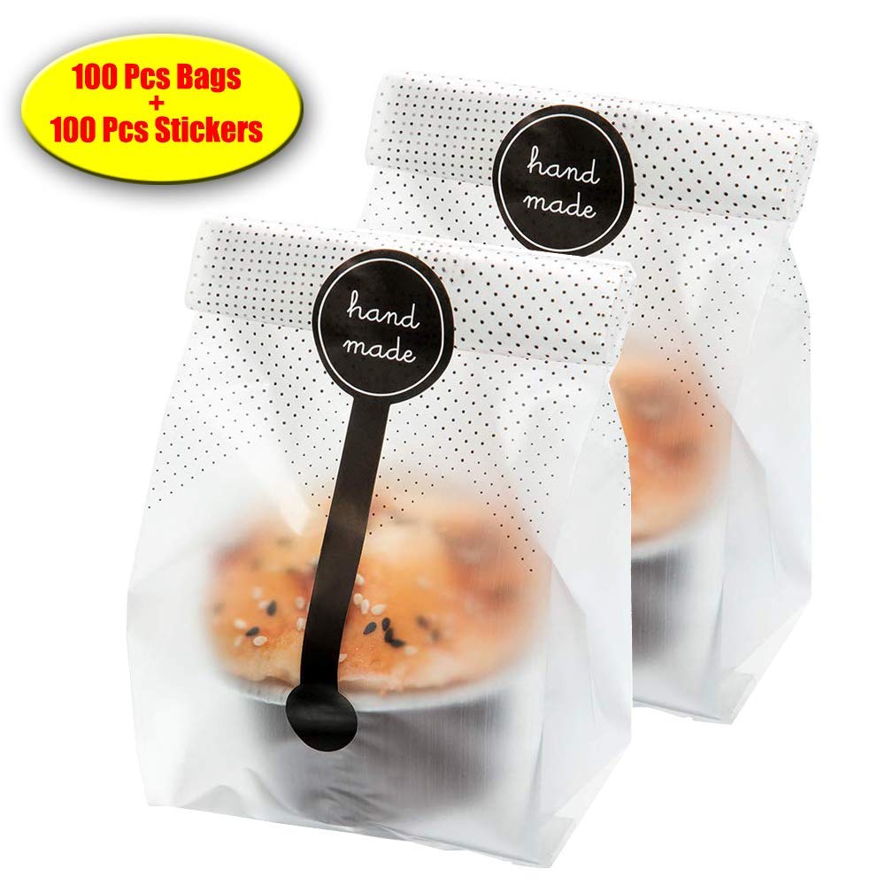 100 + 100 Pcs Doorzichtige Plastic Zak Met Handgemaakte Stickers Voor Cookie Cake Chocolade Snoep Snacks Pakket Goed Voor Brood party