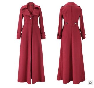 Dames lange mouwen extra lange jas imitatie wollen jas één knoop omslagkraag winterjassen damesjas: Rood / S