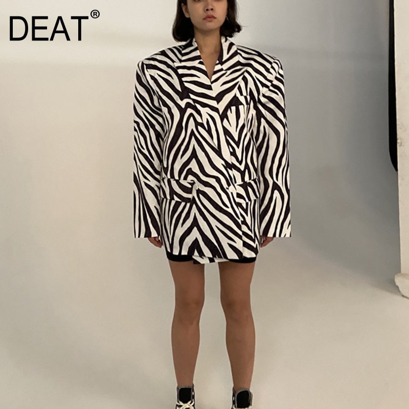DEAT-Chaqueta holgada de manga larga para mujer, chaqueta informal entallada con estampado de cebra, para otoño e invierno, SG076
