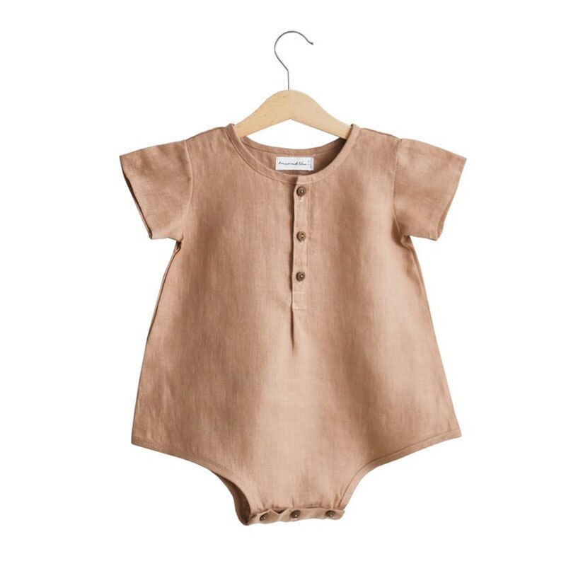 Zomer Pasgeboren Katoen Linnen Jumpsuit Baby Effen Kleur Comfortabele Losse Romper Jongen Grijs Bruin Kleding: Brown / 3M