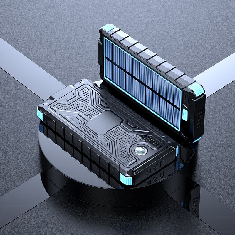 Cargador Solar portátil de 20000mAh para iPhone 11, Samsung S20, Xiaomi, Banco de energía con linterna y brújula para acampar: Azul