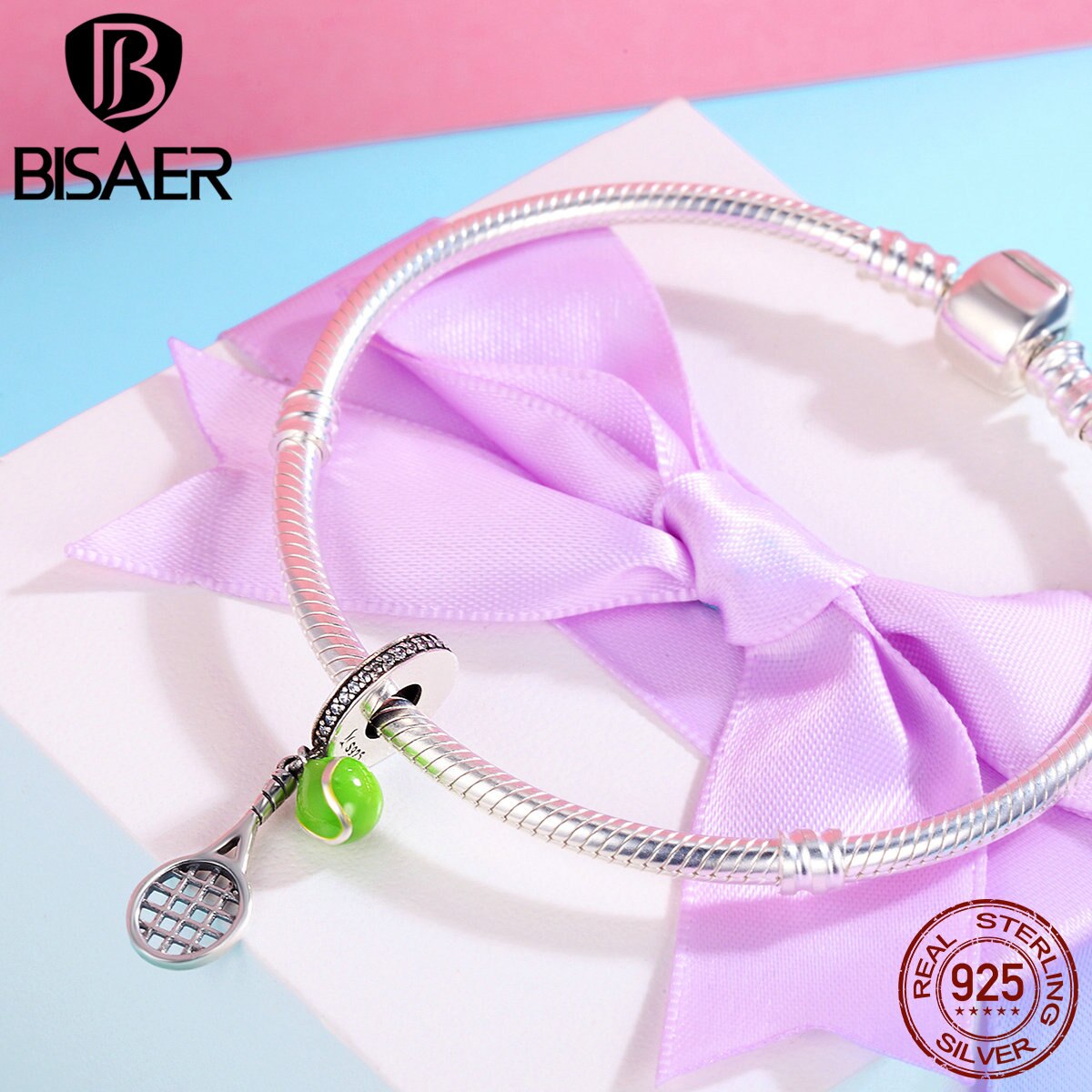 BISAER 100% 925 Sterling Silver Tennis Ball Passion Sports Love Charms Fit Original DIY Bracelets & Necklaces Jewelry ECC335
