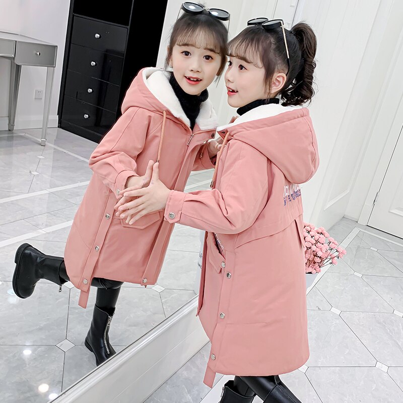 Girl clothes Winter Long coat Warm Plus Velvet Princess Cotton jacket Kid Outdoor Thick Parka Clothing Hooded Outerwear
