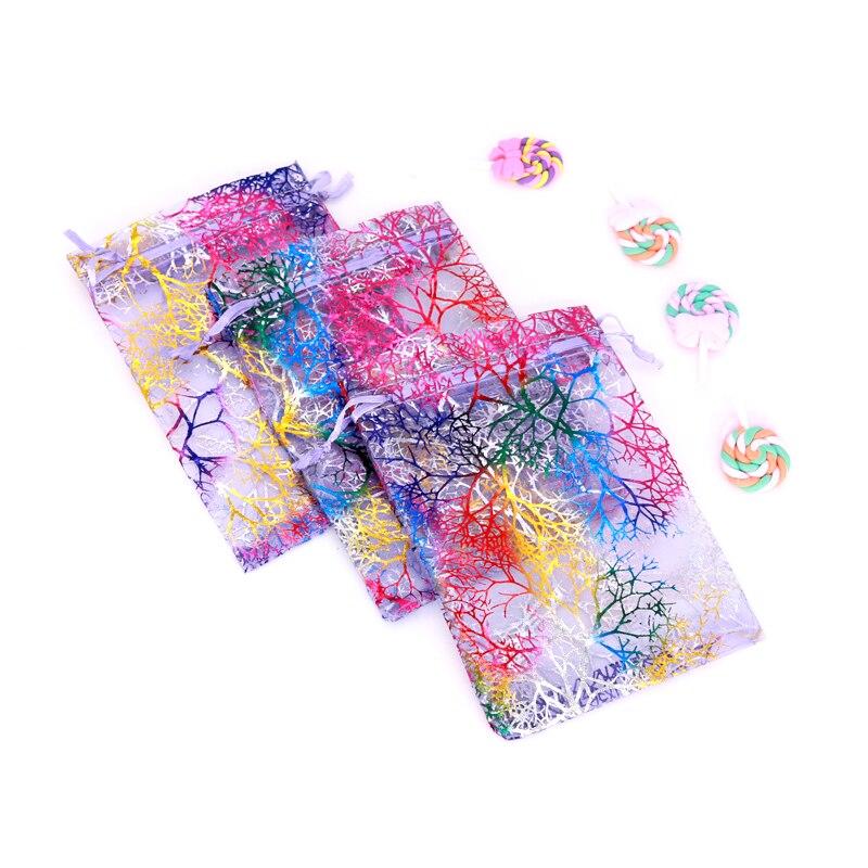 20 sztuk/partia koral wzór torby z organzy 7x9 9x12 13x18 cm Charms kosmetyki torby do pakowania biżuterii party sznurkiem prezent torba torebki