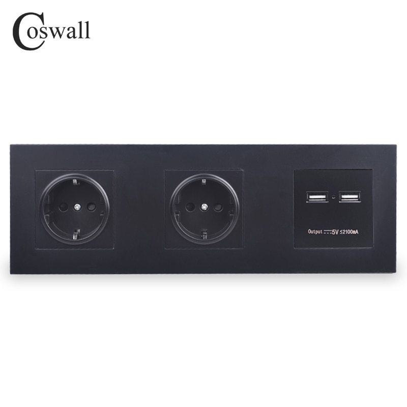 Coswall vegg pc panel dobbel stikkontakt 16a eu stikkontakt dual usb smart ladeport 5v 2a utgangsridder svart farge