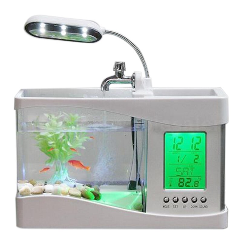 Thuis Aquarium Klein Aquarium Usb Lcd Desktop Lamp Light Led Klok Wit: Default Title