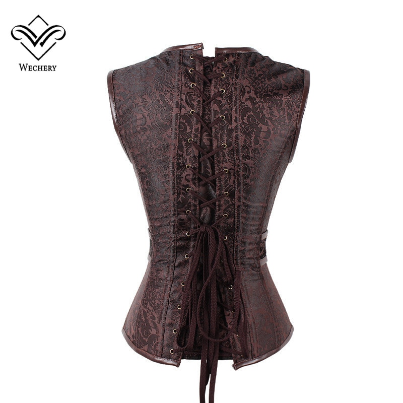 Wechery Brown Steampunk Corset Gothic Clothing Sexy Jacquard PU leather Steel Boned Zip Buckle Corsets And Bustiers