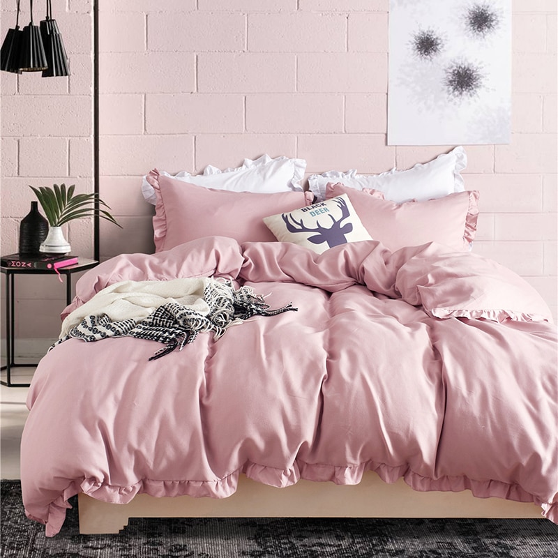 Romantische Roze Beddengoed Set Elegante Ruches Rand Dekbedovertrek Set 2/3 stks Bed Linnen Dekbedovertrek Twin Queen koning Bruiloft Decoratie