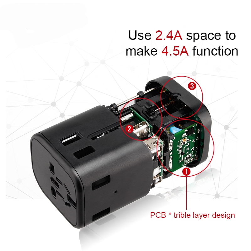 International Travel Adapter Multi Stecker 2 Sicherung Schützen Universal Adapter Ladegerät mit Typ C und 3 USB Lade Ports