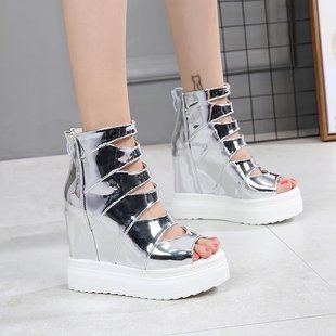 Dam höga klackar sandaler sommar läder dold klack gladiator sandaler dam platåskor kvinnlig chunky sandal: Silverren / 35