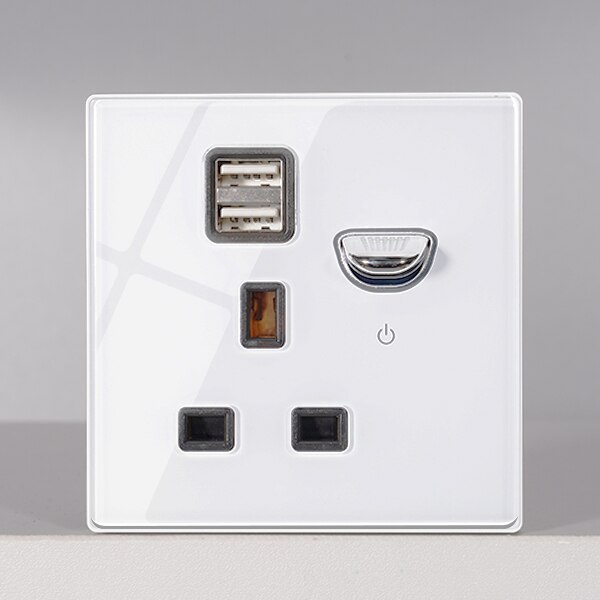 KAMANNI Luxury Light Switch General Standard Crystal Tempered Glass 2Gang 2 Way Switch White Push Botton wall Switches 220V: UK Socket USB / 1 way