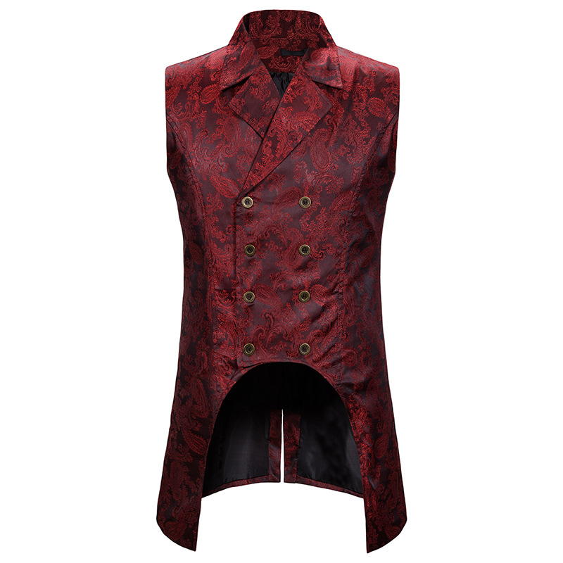 Wijn Rood Paisley Jacquard Mouwloze Lange Vest Mannen Double Breasted Revers Brocade Vest Mens Gothic Steampunk Tailcoat