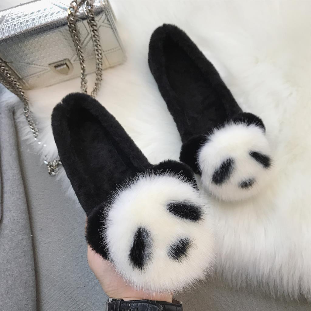 Plus size 35-43 fuskepels kvinner loafers panda plysj slip on flate sko kvinne båtsko leiligheter dyrepels varm damesko 6865