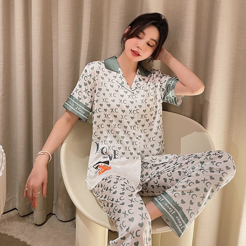Pijama de manga corta para mujer, conjunto de camisón de seda de hielo, ropa fina para el hogar, ropa de dormir holgada de satén