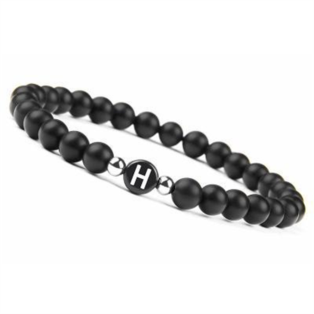 Pulsera de 26 letras de piedra blanca y negra hecha a mano DIY para mujeres, hombres, joyería para parejas, pulsera elástica de cuentas de la suerte de la amistad, para niños: Color amarillo claro