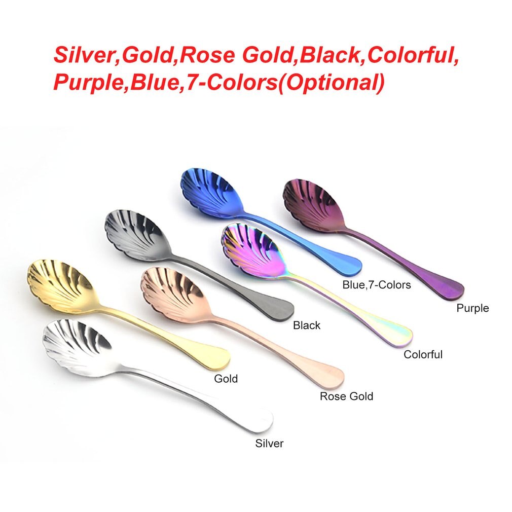 6Pcs Shell Shape Stainless Steel Teaspoons Coffee Spoons Ice Cream Sugar Dessert Spoons Colorful Rainbow Spoons for Kitchen Bar