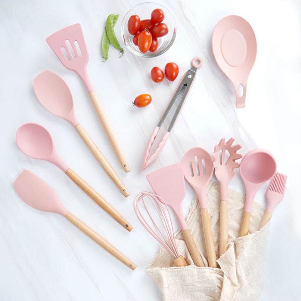 11pcs Silicone Cooking Utensils Set ,Pink Solid Wood Handle With Storage Box, Kitchenware Kit Kitchen Tools Accessories