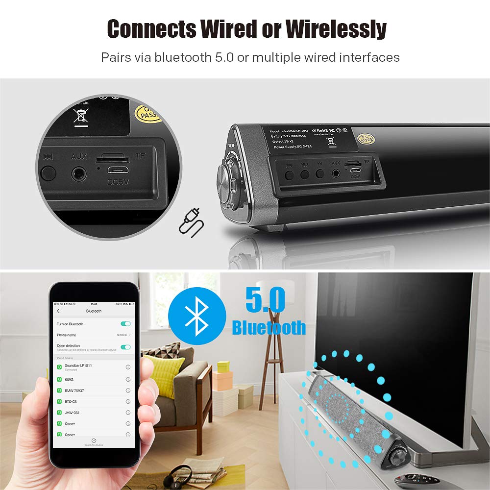 Bluetooth Sound Bar Wired and Wireless Home Theater TV Triangle Speaker Bar with Remote Control for TV/PC/Phones/Tablets
