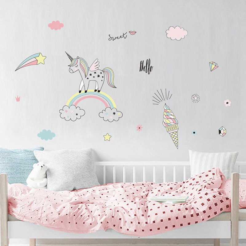 Cartoon Regenboog Eenhoorn Muursticker Voor Nursery Kinderkamer Achtergrond Decoratie Muurstickers Muurschilderingen Decals Behang