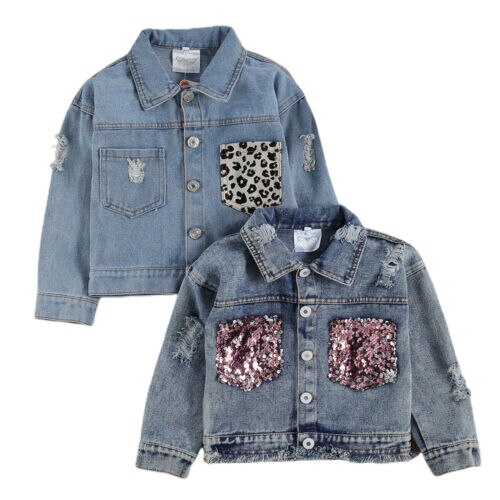 Lioraitiin 2-6Years bebé niño chaqueta de Denim para mujer leopardo/lentejuelas manga larga solo Breasted azul abrigos 2 Estilo