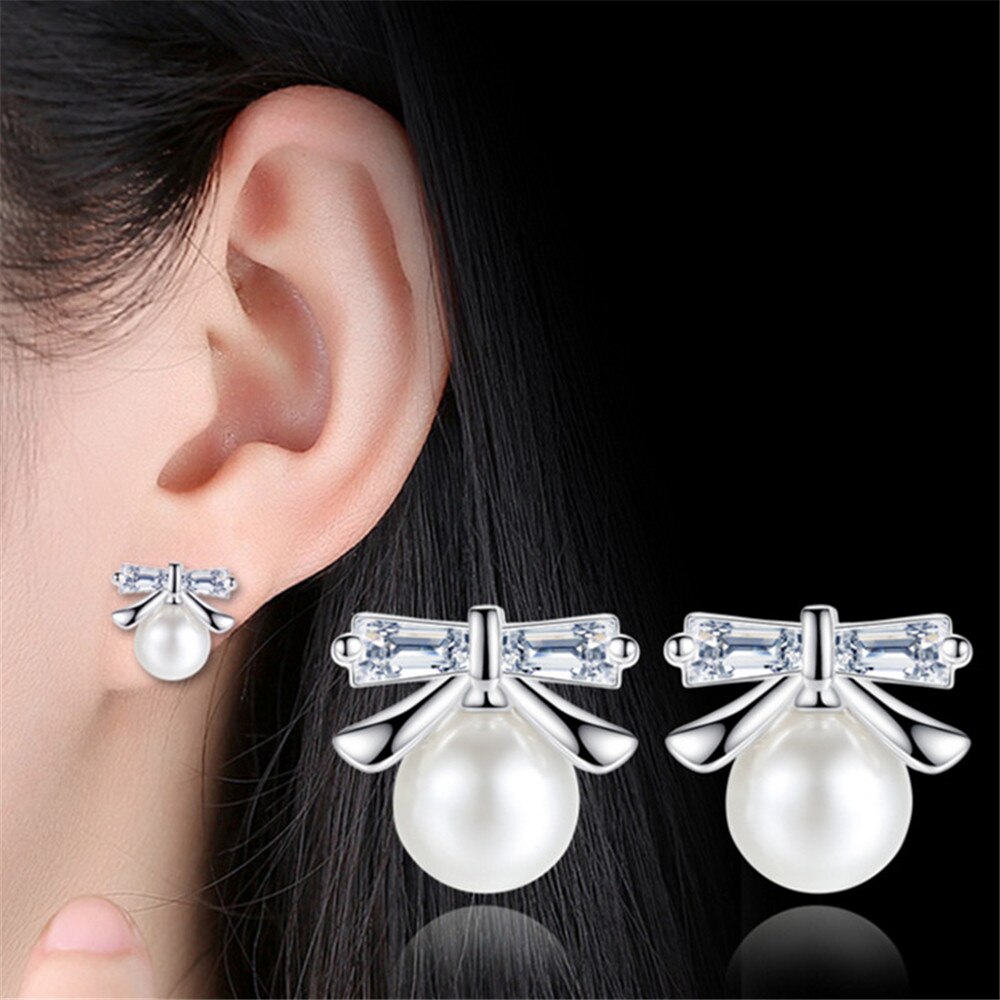 Fashionable Silver Jewelry Female Stud Earrings Luxury Cubic Zirconia Pearl Earrings Bow Tie Sweet and Simple Trinkets 6MM