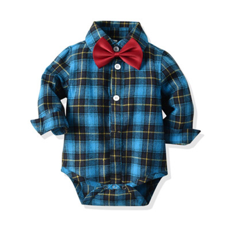 Lente Herfst Baby Boy Bow Tie Plaid Shirt Denim Kleding Katoen Rompertjes Gentleman Bib Jeans Kleding Pak Outfit 6 - 24M